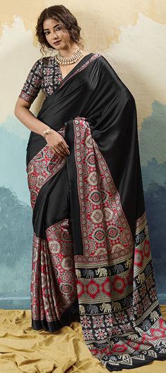 Black and Grey color Saree in Satin Silk fabric with Printed work