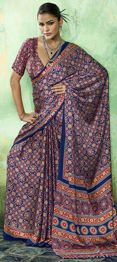 Blue color Saree in Satin Silk fabric with Printed work