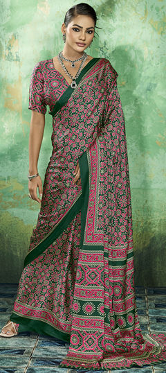 Green color Saree in Satin Silk fabric with Printed work