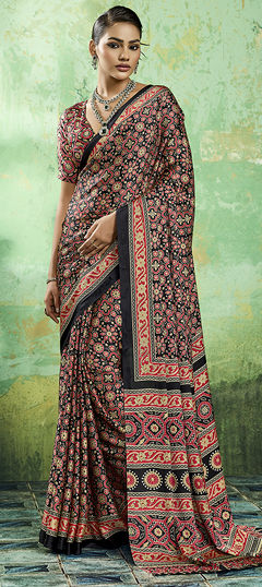 Black and Grey color Saree in Satin Silk fabric with Printed work