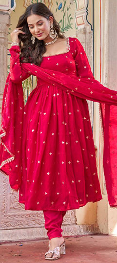 Pink and Majenta color Salwar Kameez in Tissue fabric with Embroidered, Sequence, Thread work