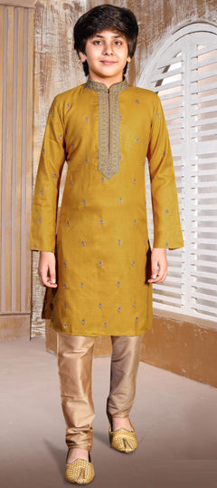 Yellow color Boys Kurta Pyjama in Poly Silk fabric with Embroidered work