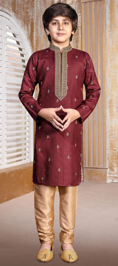 Red and Maroon color Boys Kurta Pyjama in Poly Silk fabric with Embroidered work