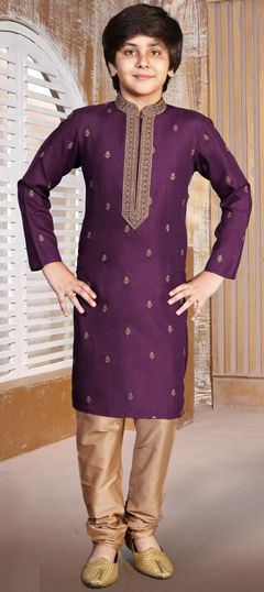Purple and Violet color Boys Kurta Pyjama in Poly Silk fabric with Embroidered work