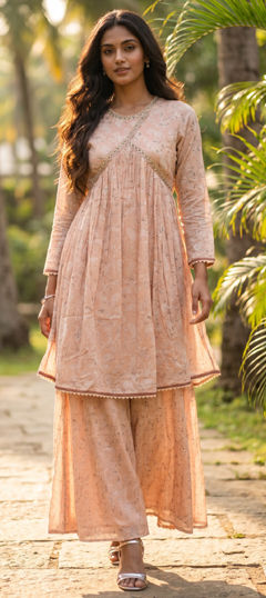Beige and Brown color Salwar Kameez in Mul Cotton fabric with Floral, Printed work