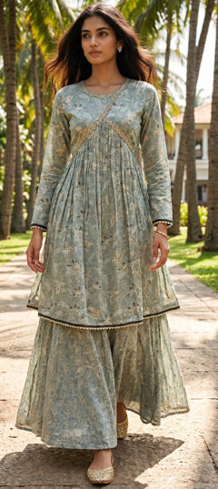 Green color Salwar Kameez in Mul Cotton fabric with Floral, Printed work
