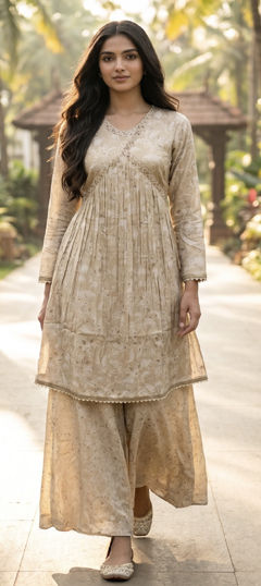Beige and Brown color Salwar Kameez in Mul Cotton fabric with Floral, Printed work