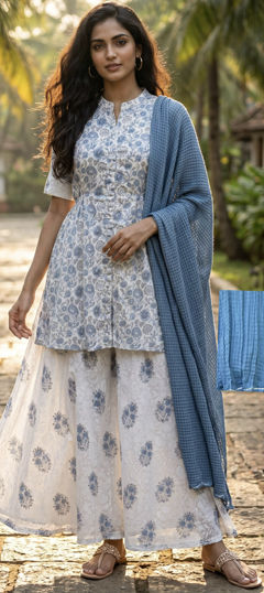 Black and Grey, White and Off White color Salwar Kameez in Mul Cotton fabric with Floral, Printed work
