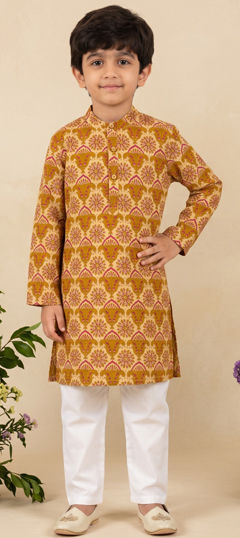 Beige and Brown color Boys Kurta Pyjama in Cotton fabric with Floral, Printed work
