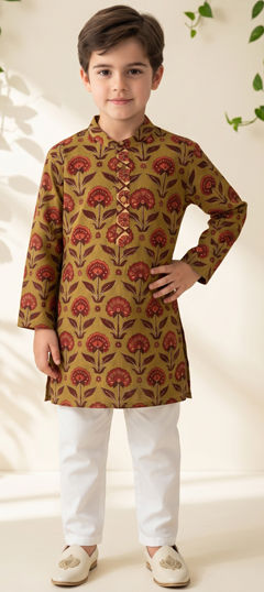 Beige and Brown, Red and Maroon color Boys Kurta Pyjama in Cotton fabric with Floral, Printed work
