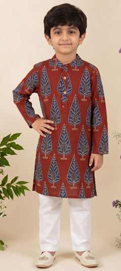 Red and Maroon color Boys Kurta Pyjama in Cotton fabric with Printed work