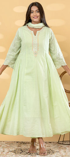 Green color Salwar Kameez in Mul Cotton fabric with Bugle Beads, Embroidered, Sequence work