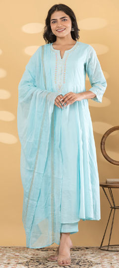Blue color Salwar Kameez in Mul Cotton fabric with Bugle Beads, Embroidered, Sequence work