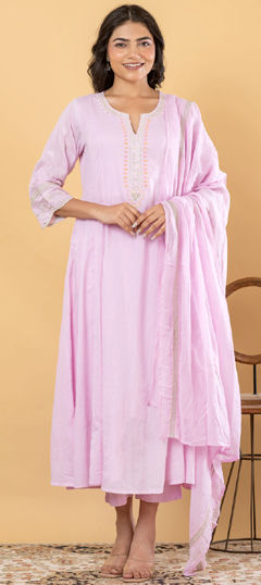 Pink and Majenta color Salwar Kameez in Mul Cotton fabric with Bugle Beads, Embroidered, Sequence work