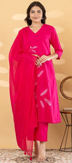 Pink and Majenta color Salwar Kameez in Cotton fabric with Embroidered, Resham, Thread work