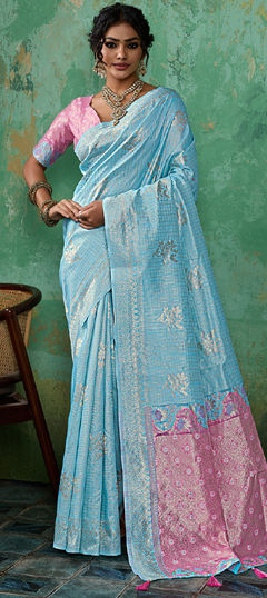 Blue color Saree in Cotton, Linen fabric with Weaving work