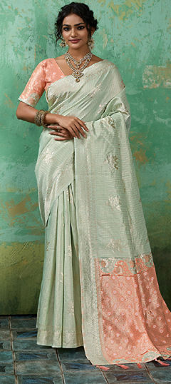 Green color Saree in Cotton, Linen fabric with Weaving work