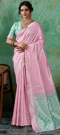 Pink and Majenta color Saree in Cotton, Linen fabric with Weaving work