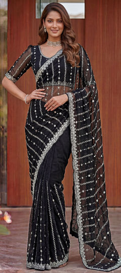 Black and Grey color Saree in Tissue fabric with Embroidered, Sequence work