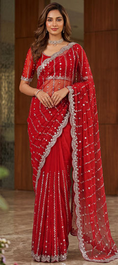 Red and Maroon color Saree in Tissue fabric with Embroidered, Sequence work