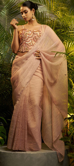 Pink and Majenta color Readymade Saree in Tissue fabric with Embroidered, Sequence, Thread, Zari, Zircon work