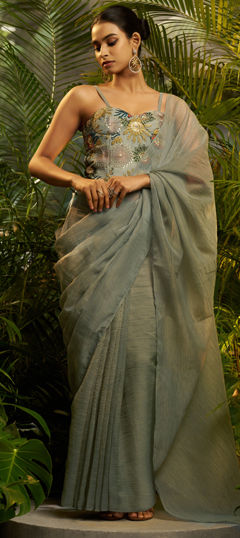 Green color Readymade Saree in Tissue fabric with Embroidered, Sequence, Thread, Zari, Zircon work