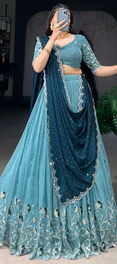 Blue color Lehenga in Chinon Silk fabric with Embroidered work