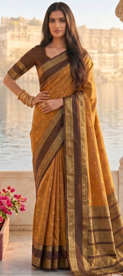 Yellow color Saree in Blended, Silk fabric with Weaving work