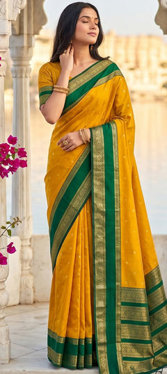 Yellow color Saree in Blended, Silk fabric with Weaving work