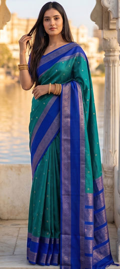 Green color Saree in Blended, Silk fabric with Weaving work