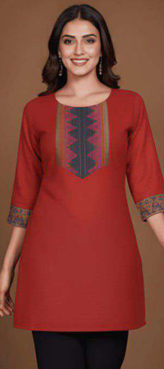 Red and Maroon color Kurti in Cotton fabric with Weaving work