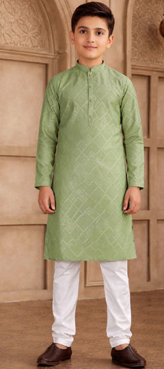 Green color Boys Kurta Pyjama in Art Silk fabric with Printed work