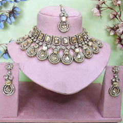 Gold Rodium Polish White and Off White color Necklace in Metal Alloy studded with Austrian diamond