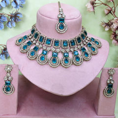 Gold Rodium Polish Green color Necklace in Metal Alloy studded with Austrian diamond