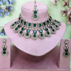 Gold Rodium Polish Green color Necklace in Metal Alloy studded with Austrian diamond
