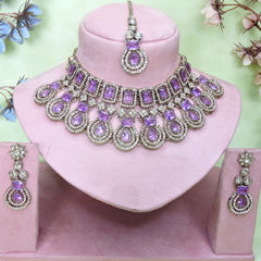 Gold Rodium Polish Purple and Violet color Necklace in Metal Alloy studded with Austrian diamond