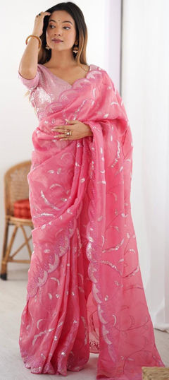 Pink and Majenta color Saree in Crushed Silk fabric with Sequence, Thread work