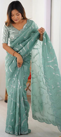 Green color Saree in Crushed Silk fabric with Sequence, Thread work