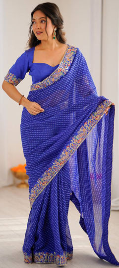 Blue color Saree in Faux Georgette fabric with Bandhej, Embroidered, Printed, Sequence, Thread work