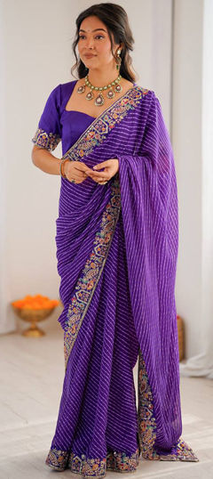 Blue color Saree in Faux Georgette fabric with Bandhej, Embroidered, Printed, Sequence, Thread work
