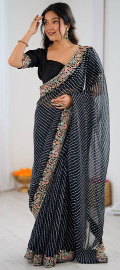Black and Grey color Saree in Faux Georgette fabric with Bandhej, Embroidered, Printed, Sequence, Thread work