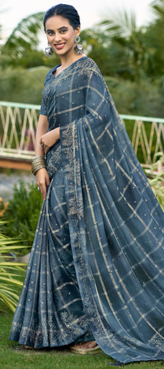 Blue color Saree in Silk fabric with Printed work