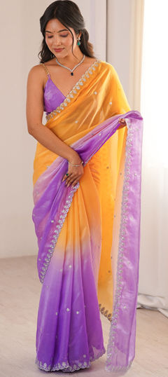 Orange color Saree in Tissue fabric with Embroidered, Sequence work