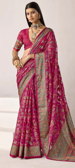 Pink and Majenta color Saree in Silk fabric with Printed work