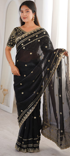 Black and Grey color Saree in Tissue fabric with Embroidered, Sequence work