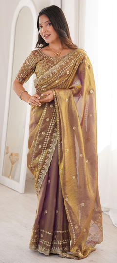 Gold color Saree in Tissue fabric with Embroidered, Sequence work