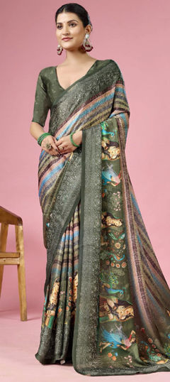 Green color Saree in Silk fabric with Printed, Weaving work