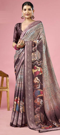 Beige and Brown color Saree in Silk fabric with Printed, Weaving work