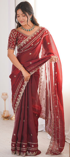 Red and Maroon color Saree in Tissue fabric with Embroidered, Sequence work