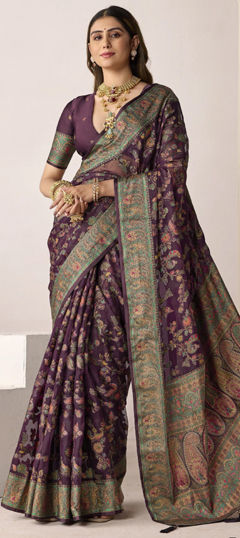 Purple and Violet color Saree in Silk fabric with Printed work